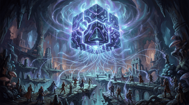 Fantasy adventurers gather beneath a glowing rune-covered cube in a cavern