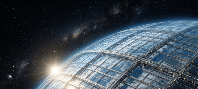 Futuristic glass structure encircling Earth in space